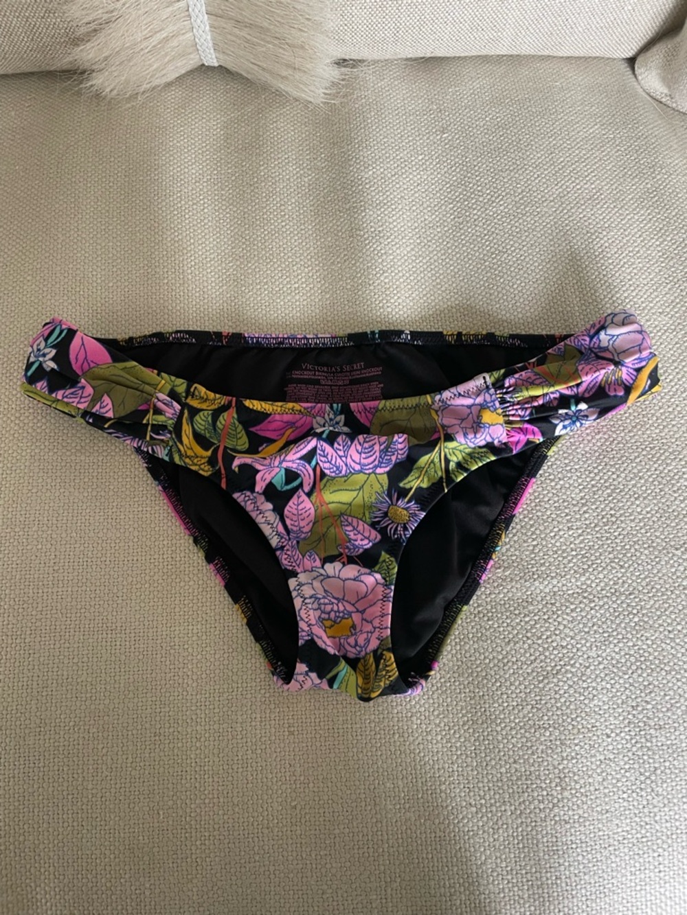 Victoria's Secret Black Bikini Bottoms with Pink & Green Floral Detail